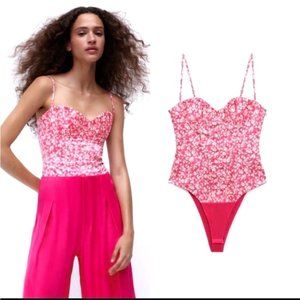 NWT Zara Pink & White Floral Corset Bodysuit